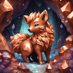 Bronze colored Vulpix and covered in bronze crystals background crystal cave, in funk art style