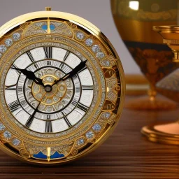 crystal ornate round clock with a transparent body, wood and black and gold, transparent, rococo, Artstation, intricate detailed 8 k, ornate and jewels,