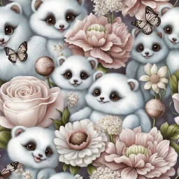 a stunning pale colors flower bouquet with lace chocolate balls and very cute little floating, clinging fantasy creatures between the flowers, high cualtiy, detailed, sharp focus, fantasy, nice flowers, photorealistic, masterpiece