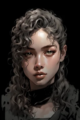 Portrait of a young female with long curly bangs covering her forehead. Include gray eyes, with a light skin complexion. Draw the portrait in the style of Yoji Shinkawa.