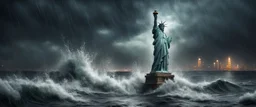 Hyper Realistic apocalyptic haunted view of broken statue of liberty at dark rainy night between the sea with big wave splashes