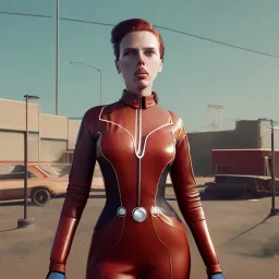 retro sci-fi portrait image from 1960, supermarket parking explosion, fire, classic black widow, young Scarlett Johansson, classic tight lycra latex suit, retro superhero style, soft color, highly detailed, unreal engine 5, ray tracing, RTX, lumen lighting, ultra detail, volumetric lighting, 3d, finely drawn, high definition, high resolution.