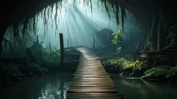 A wooden walkway in poor condition leads into a gloomy pond with dark waters that appear to be home to poisonous plants and sinister inhabitants. Inside a tree-like dome, punctual rays of light filter through. Some ruined wooden buildings can be seen in the background of the image.