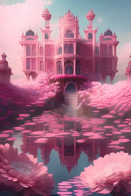 A very large palace made of flowers with a pink river