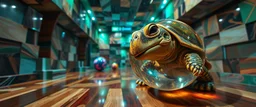 pin hole cam , master oil painting by Rembrandt, volume fog lights in reflective marble madness opera close up on turtle horse character portrait, a living bowling marble halls with slightly tilted floor in a twisted block maze, scenery from the game "marble madness", crystal birds, the floor betrays, the walls collide, big colorfull transparent marble ball