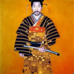 Retrato de cuerpo entero un Samurai con Katana con el estilo de Gustav Klimt