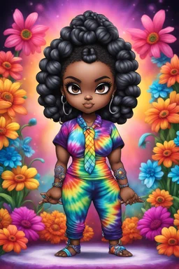 Create an airbrush image of a chibi black curvy female wearing a tie dye yoga outfit. Prominent make up with hazel eyes. Highly detail asymmetrical Bantu knots. background of colorful large flowers 2k