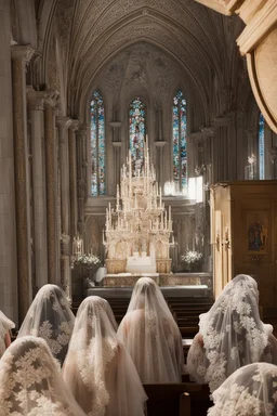 7 sisters wearing lace veil praying in church.cinematic