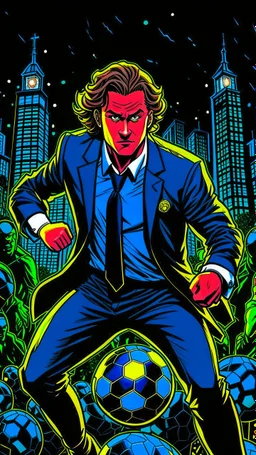 Diego Forlan Football soccer player fighting black suite. Dark detective comic. comicBook cover batman style detective mistery 1990. Nice colors.