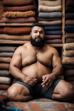 close up photography of a burly chubby muscular strong 24-year-old marocan man in Istanbul bazaar, shirtless, short beard, selling carpets sitting on a pile of carpets, big shoulders, manly chest, very hairy, side light, view from the ground