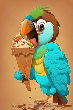 Cartoon parrot eating Choco bar ice cream