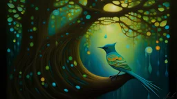 A vintage oil painting depicting a belt wrapped around a tree branch, with a binary code pattern intertwined, as a colorful bird perches on top. The scene is set in a mystical forest with glowing fireflies and a full moon in the background. The overall atmosphere is serene yet mysterious.