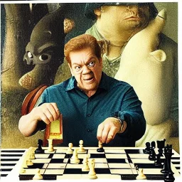 Shooter McGavin from Happy Gilmore playing chess with Wario in the style of Hieronymus Bosch