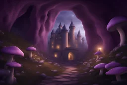 a castle in a underground cave, Various purple, gold, rose, mushrooms, top with lucioles light, panoramic view, extremely high-resolution details, photographic, realism pushed to extreme, fine texture, incredibly lifelike perfect shadows, atmospheric lighting, volumetric lighting, sharp focus, focus on eyes, masterpiece, professional, award-winning, exquisite detailed, highly detailed, UHD, 64k,