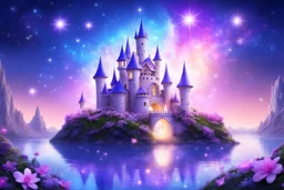 a fairy castle with little flower and crystal shining in the sky between galaxy and bright stars