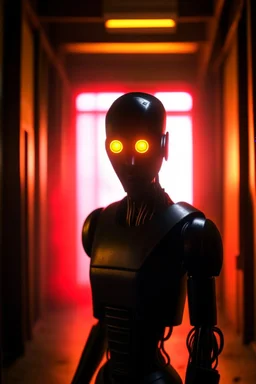 neon charcoal robot in forbidden obsidian chariot, prison cell hall background, guards, stares at us like we are the prettiest demon it has ever seen, its such a perfect day i am glad i spent it with you, motion blur, smoke, 8k, downlight, soft light, depth of field, photorealism, trending on art station, lotsa detail