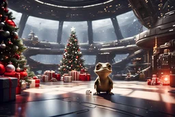 fluffy big eyed baby crockodile in the big hall in second death star and a view to a star wars planet, and christmas tree and sith gifts and a space ship like star wars space ships, cinematic eye view, all sharp