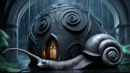 little dark witch fairy sleeps in her stunning lacy-onix gothic snail house, storm, rain, volumetric light, dark colors, rain drops, dark tendrils in background, fantasy, scifi, dark fantasy , dark stunning mood intricate details, beautifully shot, hyperrealistic, sharp focus, 64 megapixels, perfect composition