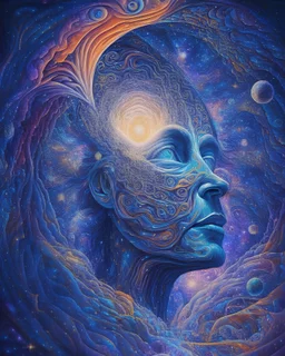 A mesmerizing portrait of a figure emerging from a swirling vortex of stars, galaxies, and cosmic phenomena, in the style of visionary art, luminous colors, intricate details, and a sense of wonder, inspired by the works of Alex Grey and Robert Venosa, inviting the viewer to contemplate the mysteries of the universe and our place within it.