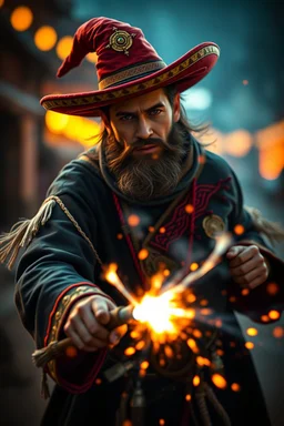 magic swirl, true grit, Mexican stand off fast draw poncho cowboy wizard wand slinger ,bokeh like f/0.8, tilt-shift lens 8k, high detail, smooth render, down-light, unreal engine