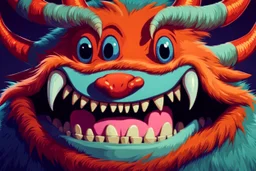 closeup on face of cute character with fur, horns and big toothy grin, peculiar character style, cute monster 1980s