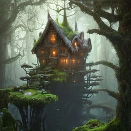 fantasy forest with houses tiered on ramps covered with thick moss, flickering light, 8k resolution, high-quality, fine-detail, intricate, digital art, detailed matte, volumetric lighting, illustration, octane render, George Grie, Ben Goossens, Igor Morski, brian froud, howard lyon, selina french, anna dittmann