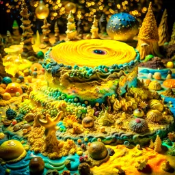 Detailed creepy landscape made of cake-frosting and modeling clay, stars and planets, Amano, Roger Dean l, strong texture, Ernst Haekel, extreme detail, intricate, colours, Max Ernst, decal, rich moody colors, sparkles, bokeh, odd