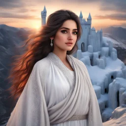 Hyper Realistic close-up-view of Beautiful Happy Pashto Girl with beautiful hair & beautiful eyes wearing white-dress-&-black-shawl standing outside her-huge-ice-castle on mountain-top with cloudy-sunset showing dramatic & cinematic ambiance