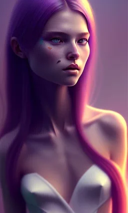 girl, cute, beautiful, long hair, head and shoulders portrait by Greg Rutkowski, purple hair