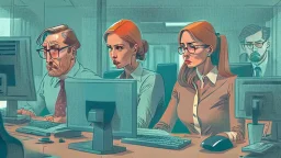 2 women and a man work on their computer in the office and the bosses look on in adorance