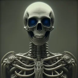 a skeleton warrior in hr giger style, steam punk, realistic, made in octane, cinematic, ultra-realistic, extremely detailed octane rendering, 8K, VRAY Super Real ar 2:3, dof photorealistic futuristic 50mm lens hard lighting dark gray tintype photograph, realistic lighting, sepia color