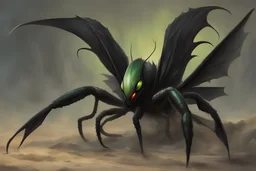 A horrible monstrosity with a human like face, huge black wings, mantis like arms , a scorpion like tail, and a large eye on its chest