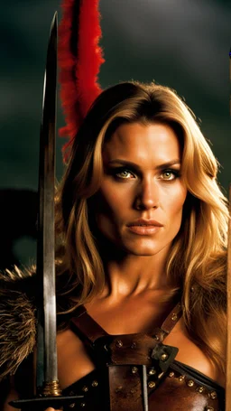 Amy Jo Johnson as hunter , Very muscular woman with long blonde hair in barbarian clothes with a bow