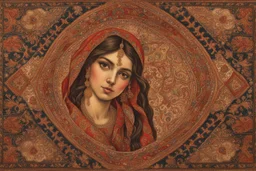 An intricate Iranian carpet from the Byzantine era in the center of the painting Beautiful gypsy girl.