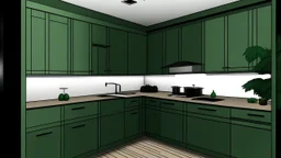 kitchen with dark green furniture, forest wallpaper on a white wall, on the left side next to the window there is a microwave and oven installed in the furniture, and on the right side 5 cm from the induction hob and a kitchen hood above it,