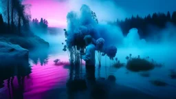 surreal and dreamlike, a trapped journalist celebrate the demise of a florist on a lake, cold blue neon color scheme, scandinavian vibe, diffused pale light, saturated, pastel, dreamy atmosphere, liquid psychedelic