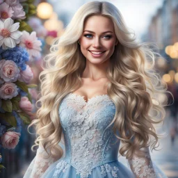 (best quality, 4k, 8k, highres, masterpiece:1.2), ultra-detailed, (realistic, photorealistic, photo-realistic:1.37),hyper realistic, full body gorgeous smiling 1woman,long hair,looking at viewer,realistic proportions,blue eyes,hair ornament,transparent lace dress,very long hair,flower,blonde hair,parted lips,necklace,white dress,blonde hair,lips,joyful pastel background,freckles,realistic,head wreath, pink flower,realistic portrait, dreamy fantasy landscape countryside,great pespective,crystal