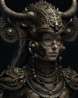 Beautiful ounce animal haddressed woman portrait adorned with metallic filigree decadent voidcore shamanism costume armour and headress decadent gothic maljsian style organic bio spinal ribbed detail of extremely detailed maximálist hyperrealistic portrait art