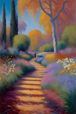 painting of a psychadelic colourful natural walkway with a creek and a statue and grass, flowers and trees by monet