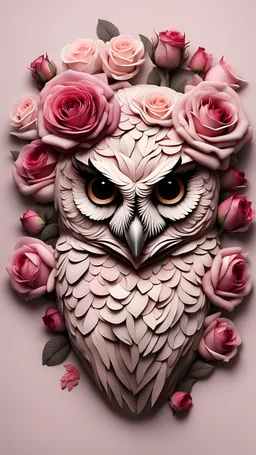 male with owl head made from a lot of beautiful roses and other flowers , skin textured, pale colors smooth contrast,