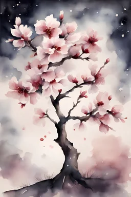 Watercolor painting of a Japanese cherry tree in bloom, isolated on a dark cosmic background, muted colors