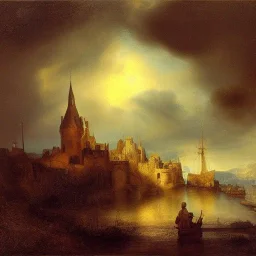 Rembrandt, magic, castle, rain, landscape, snow, bright foreground, dragons