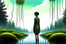 A skinny woman with a black bob hairstyle, in a green and silver suit, standing, looking out over a lake, in an alien forest, with tall narrow cloud trees, with flying dandelion heads with octopus tentacles