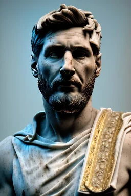 Ultra Realistic image, Roman sculpture, white marble material, Lionel Messi, gold Laurel leaves wreath, renaissance ornaments, one gold star, chisel style, waist up portrait, epic, celestial, cinematic lighting, God light, god rays, 4k resolution, smooth details, ornate details, soft lighting, unreal engine 5, marble background.