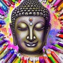 high-quality, fine-detail melted crayon drawing of buddha statue with flowers, artwork, 8k, intricate, detailed, illustration, brian froud, howard lyon, george grie, ben goossens, anna dittman, jeffrey robert, don marco