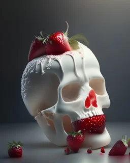 photoreal gorgeous deliscious skull made from whipped cream and strawberries by lee jeffries, 8k, high detail, smooth render, unreal engine 5, cinema 4d, HDR, dust effect, vivid colors