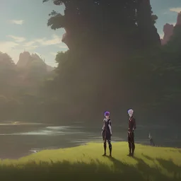 In the anime, a young male character with a young female character is near the green lake in the sunset afternoon.