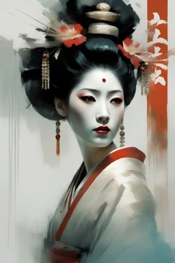 Jeremy Mann style painting, Oiran Dochu, white make up on her face, traditional Kimono, digital matt painting, Jeremy Mann style, with rough paint strokes