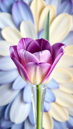 Purple Rose in a long nice crystal vase, The background should be composed of blue petals that gradually transition to a creamy butter-colored center, with the petal tips delicately tinted in a noble, pale blue. The transitions between colors should be seamless and smooth, with no sharp edges, giving the petals an ethereal, veil-like, silky appearance. Focus on capturing the soft texture and gentle flow of the tulip petals, creating a dreamy and elega