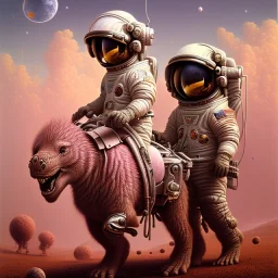 1yo little boy is on safari on the moon. riding a pink dinosaur. he has big and a funny hat. High detailed. Cinematic. oil on canvas painting. Warm lights. beksinski